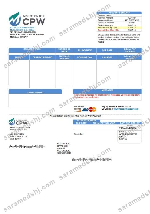 USA CPW utility bill template in Word and PDF format